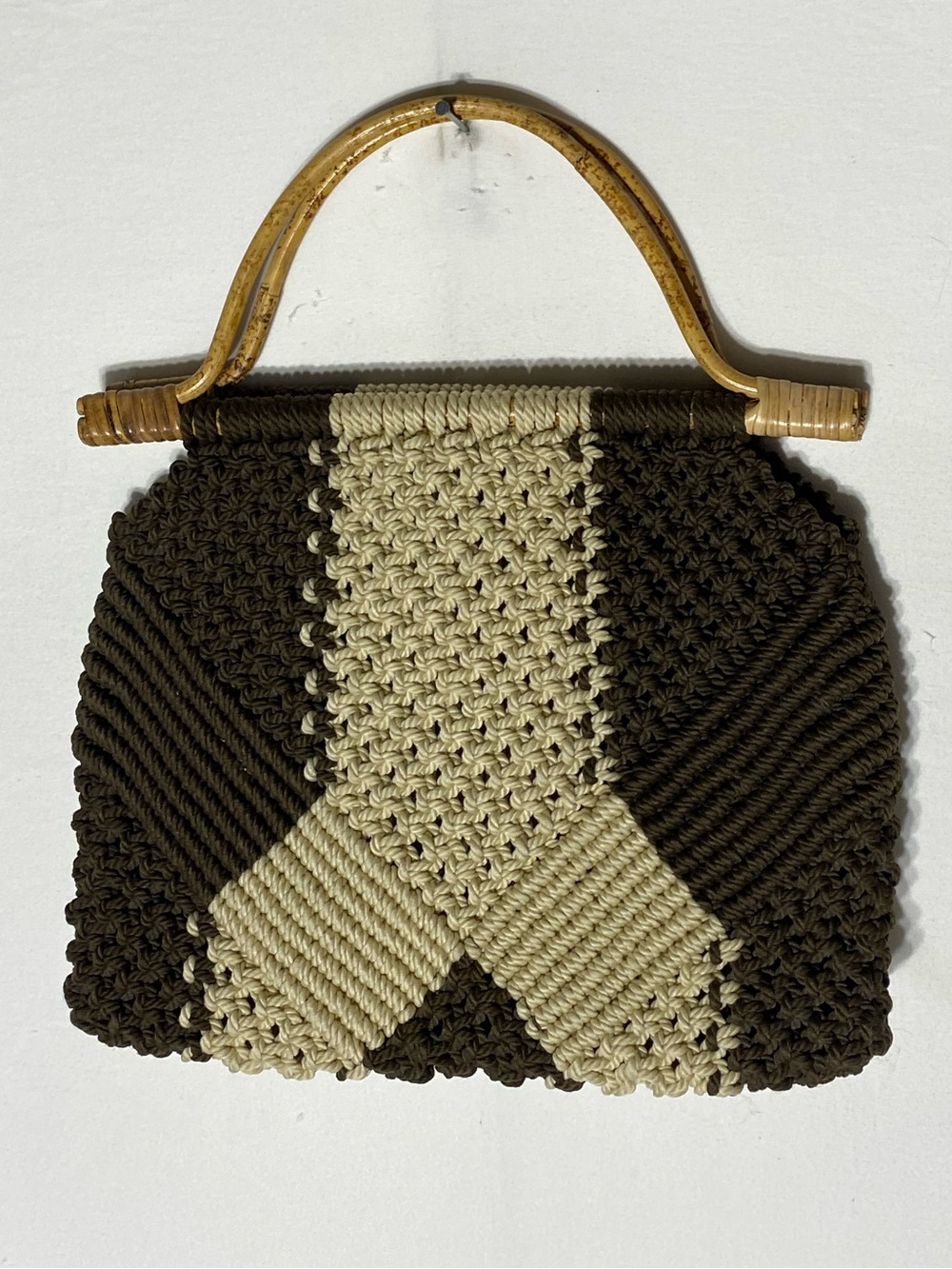 Vintage 1970s Macrame Handbag Brown Cream Woven Boho Purse Bamboo Handles